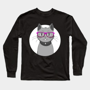 Cute Grey Cat with Nerdy Pink Glasses - Anime Shirt Long Sleeve T-Shirt